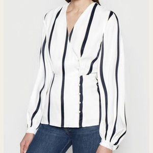 EQUIPMENT white and navy striped Alaine v-neck side button top XS